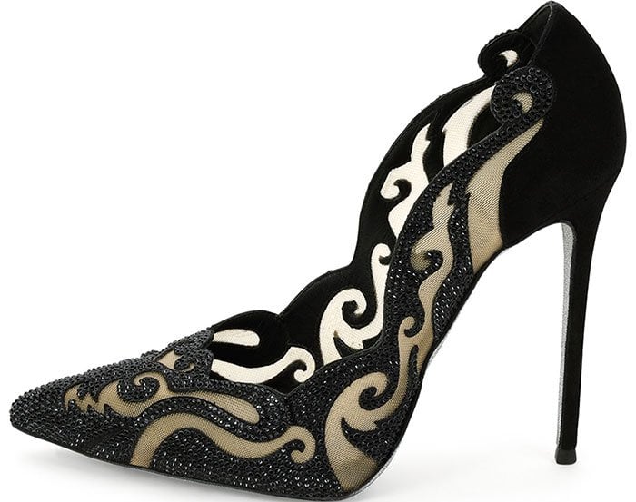 Rene Caovilla Crystal-Embellished Suede & Mesh Pumps