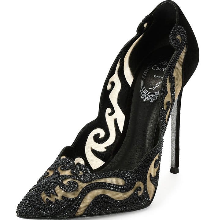 Rene Caovilla Crystal-Embellished Suede & Mesh Pumps