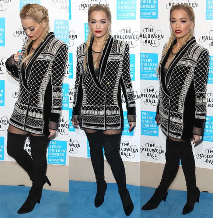 Rita Ora made a stunning appearance on the blue carpet at the UNICEF Halloween Ball in a Balmain x H&M pearl embellished blazer