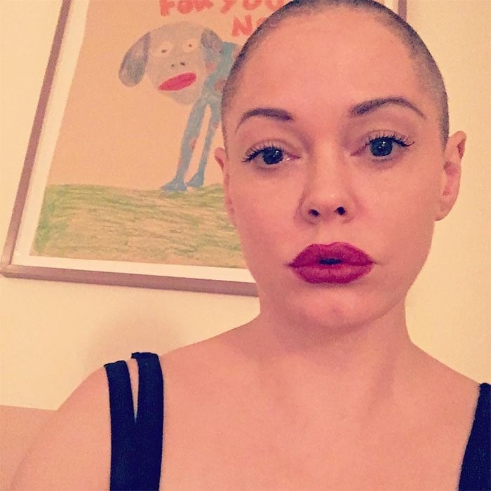 Rose McGowan's Instagram pic of her newly shaved head captioned, "No hair don't care. Honestly, it's liberating."