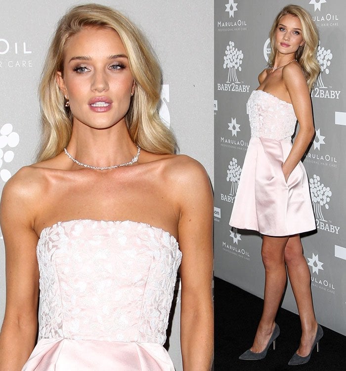 Rosie Huntington-Whiteley's sexy dress features an embroidered bodice and a softly pleated A-line miniskirt