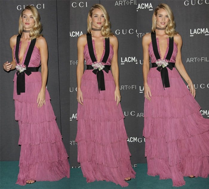 Rosie Huntington-Whiteley exudes elegance in an old rose Gucci tiered dress with a deep V neckline and floral embellishment at the LACMA 2015 Art + Film Gala