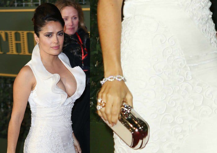Salma Hayek accessorized with a Boucheron bracelet and Pomelatto rings
