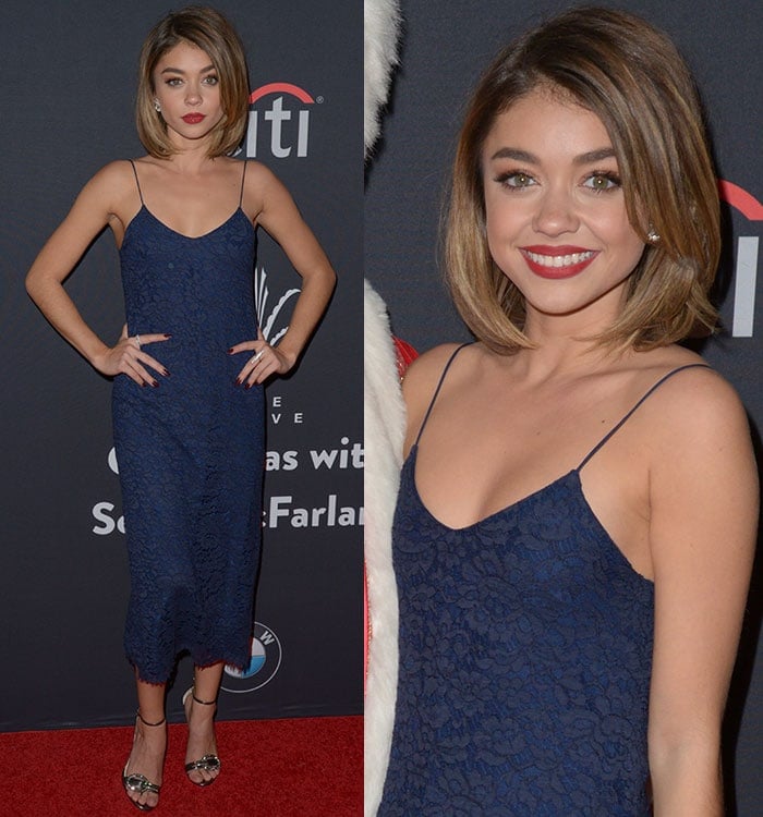 Sarah Hyland wears a navy blue Houghton dress on the red carpet