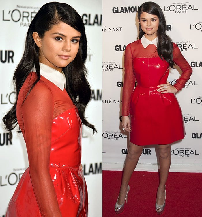 Selena Gomez's nude legs in a bright red Valentino Pre-Fall 2013 mini dress