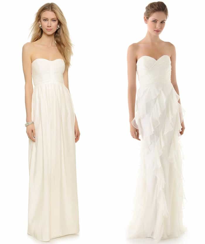 Parker Bayou Maxi Dress in Linen and Badgley Mischka Collection Iridescent Strapless Ruffle Gown