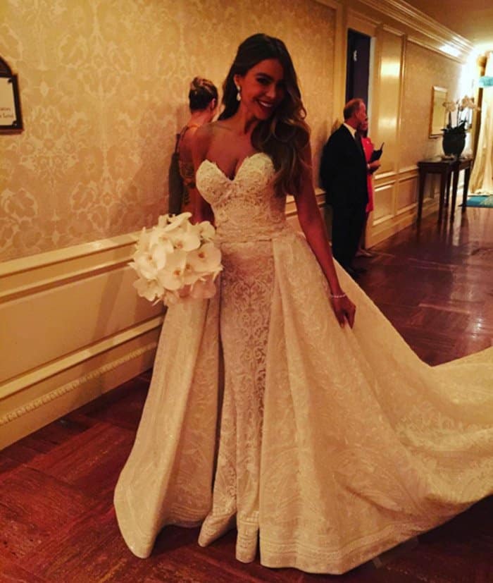 Sofia Vergara's wedding dress was decorated with 11 pounds of sequins, 350 pieces of crystal and 6 pounds of pearls