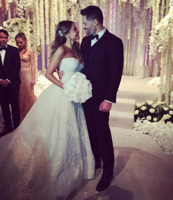 Sofia Vergara tied the knot with Joe Manganiello and chose a white strapless silk-tulle dress with a sweetheart neckline and 3D embellishments hand-embroidered onto the bodice