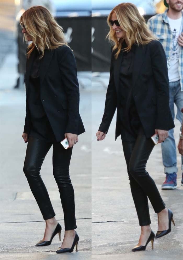 Julia Roberts wears leather pants and a blazer as she arrives on the set of "Jimmy Kimmel Live!"