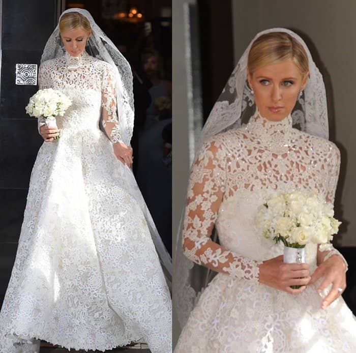 Nicky Hilton exchanged wedding vows in a custom Valentino gown designed by creative directors Maria Grazia Chiuri and Pierpaolo Piccioli, featuring ivory and silver guipure with hand-embroidered crystals that glistened as she walked down the aisle