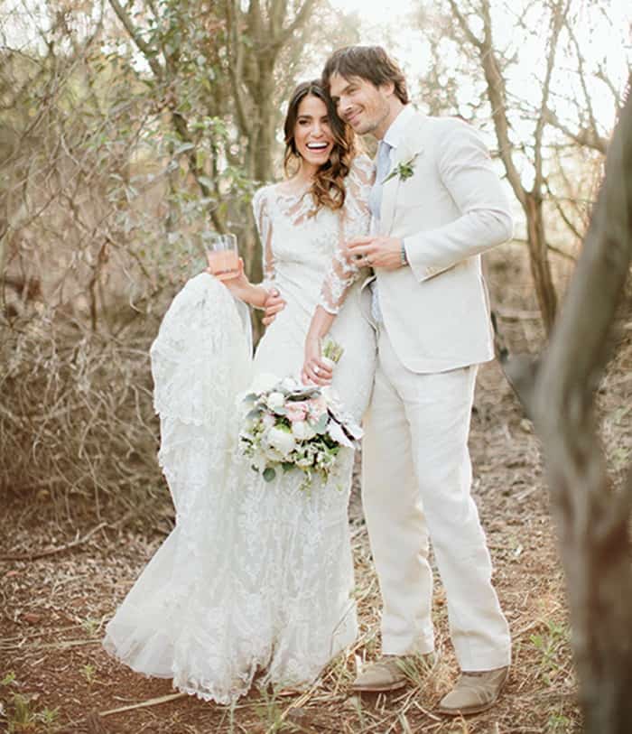 Ian Somerhalder and Nikki Reed tied the knot in a secret ceremony and she looked breathtaking in a long-sleeve lace Claire Pettibone dress