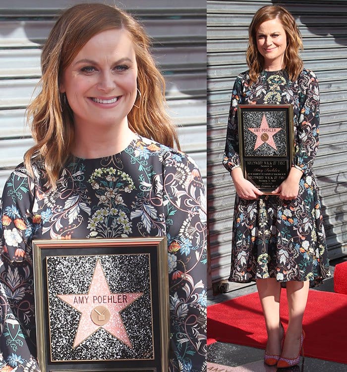 Amy Poehler wears a floral-print Zara dress as she receives her star on the Hollywood Walk of Fame