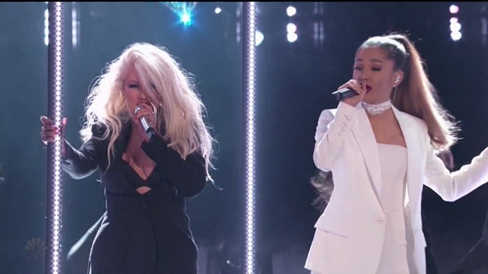 Ariana Grande and Christina Aguilera belted out the song "Dangerous Woman" together on The Voice season ten finale