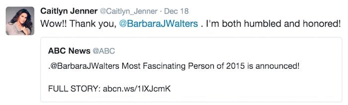 Caitlyn Jenner thanks Barbara Walters for naming her the Most Fascinating Person of 2015