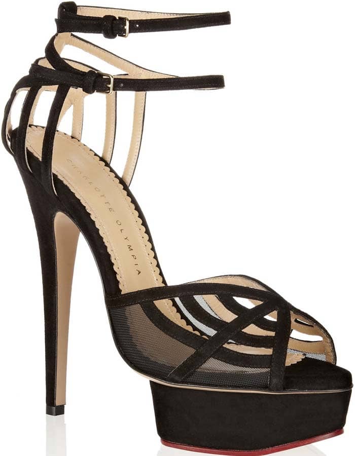 Charlotte Olympia's suede platform sandals are designed to resemble the brand's signature spider web motif