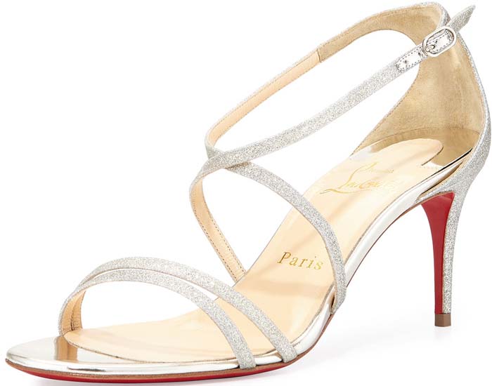 Christian Louboutin "Gwinee" Strappy Glitter Red Sole Sandal in Ivory/Beige