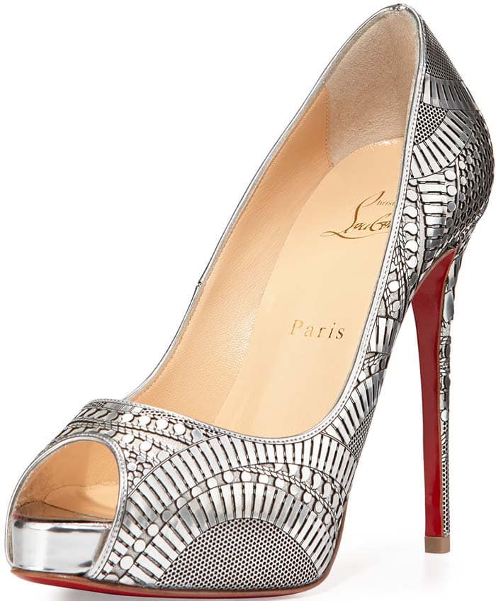 Christian Louboutin "Suellena" Laser-Cut Red Sole Pump in Silver