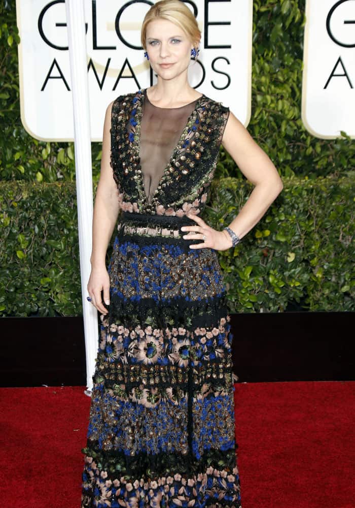 Claire Danes in a textured Valentino gown from the fashion house's Spring 2015 collection at the 72nd Annual Golden Globe Awards