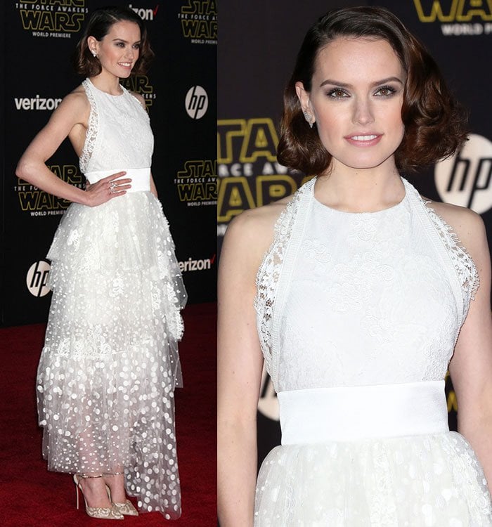 Daisy Ridley's side-parted curls and soft makeup with smoky eyes and pink lips