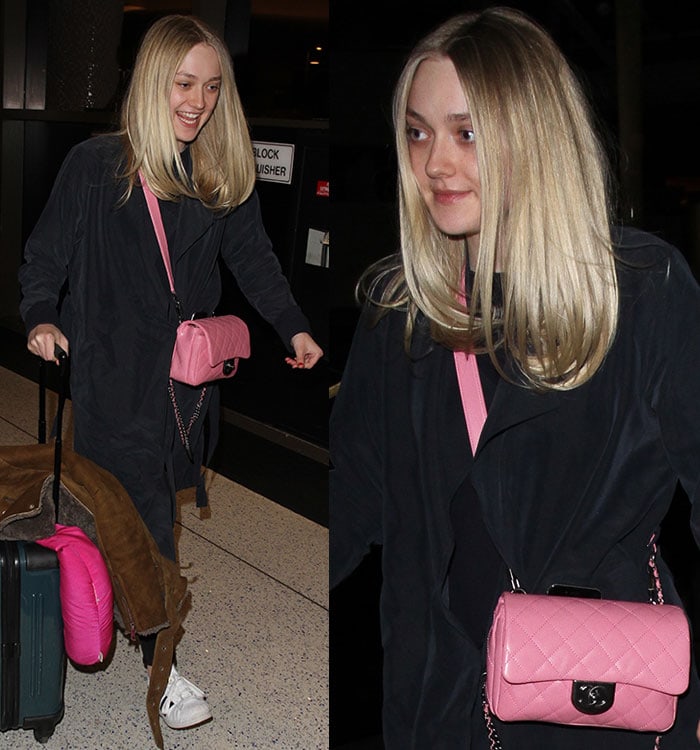 Dakota Fanning wears a pink Chanel purse over her all-black ensemble