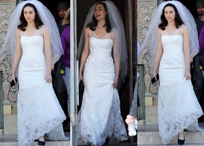 Emmy Rossum looked flawless in a simple lace wedding gown