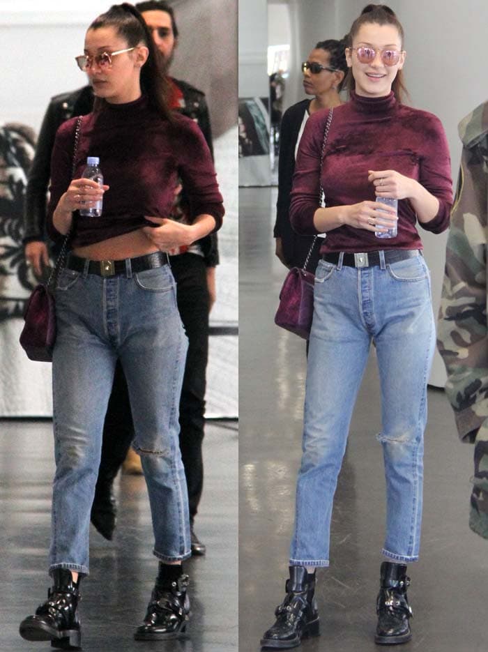 Bella Hadid wears a cropped turtleneck and a pair of RE/Done jeans while out in Los Angeles