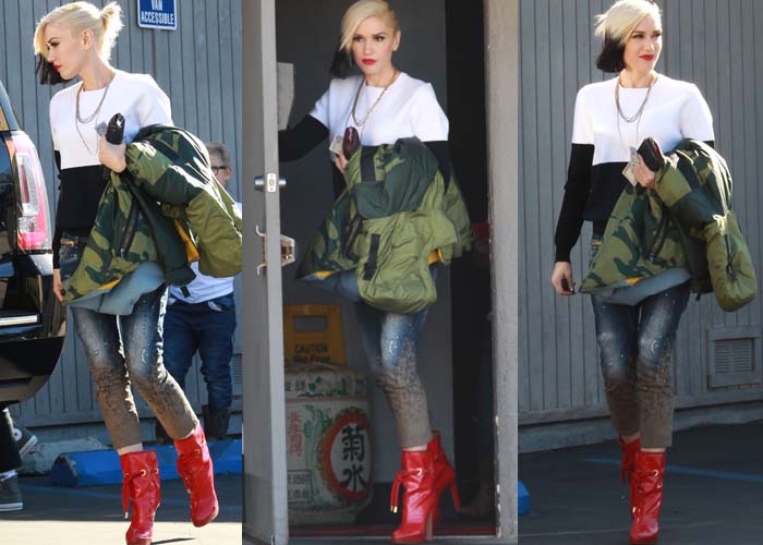 Gwen Stefani styled her red boots with paint-splattered jeans
