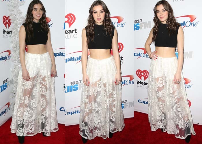 Hailee Steinfeld wears a Yeezy top and John Paul Ataker bottoms on the red carpet of the Jingle Ball