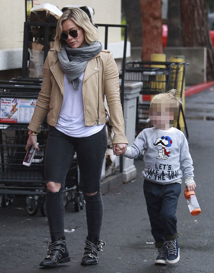 Hilary Duff wears an Iro jacket and J Brand skinny jeans while out with her son Luca