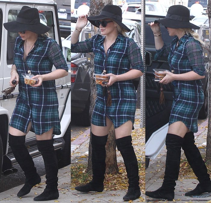 Hilary Duff pairs thigh-high boots with a plaid button-up shirtdress