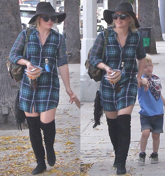 Hilary Duff wears an Equipment shirtdress while out with her son Luca