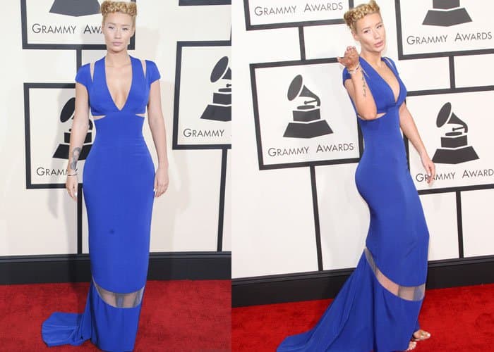 Iggy Azalea in a custom Giorgio Armani gown in a bold shade of electric cerulean blue featuring cutout detailing on the sides, shoulders, and front