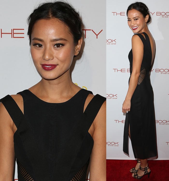 Jamie Chung shows off her arms and waist in a fitted Three Floor dress