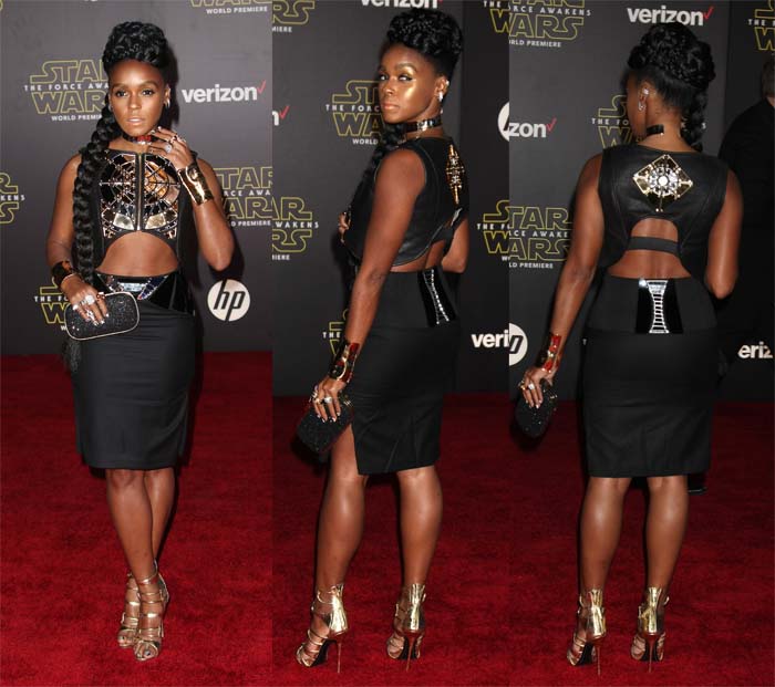 Janelle Monáe stuns at the Star Wars: The Force Awakens premiere in a futuristic black and gold Erevos Aether ensemble, accessorized with metallic Giuseppe Zanotti caged sandals and intricate braided hair