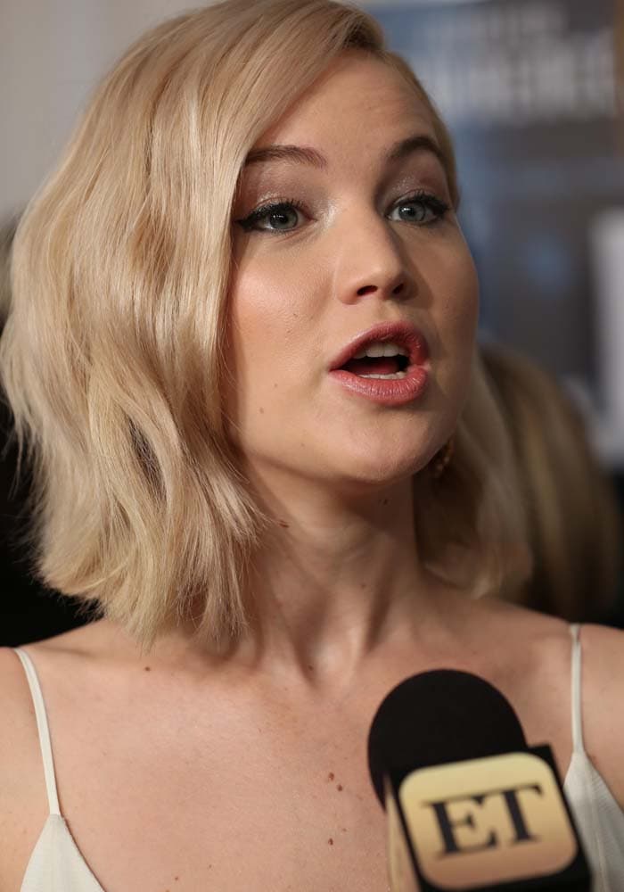 Jennifer Lawrence gives an interview at the premiere of her latest movie "Joy"