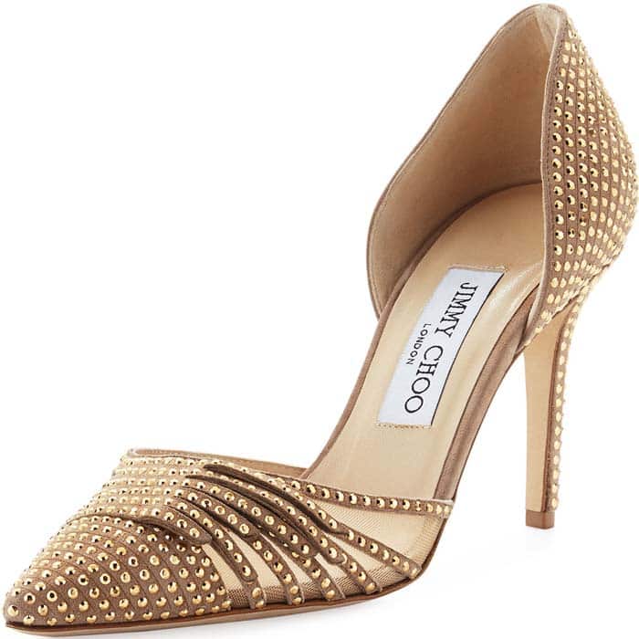 Jimmy Choo "Kyra" Studded 85mm d'Orsay Pump in Nude/Gold