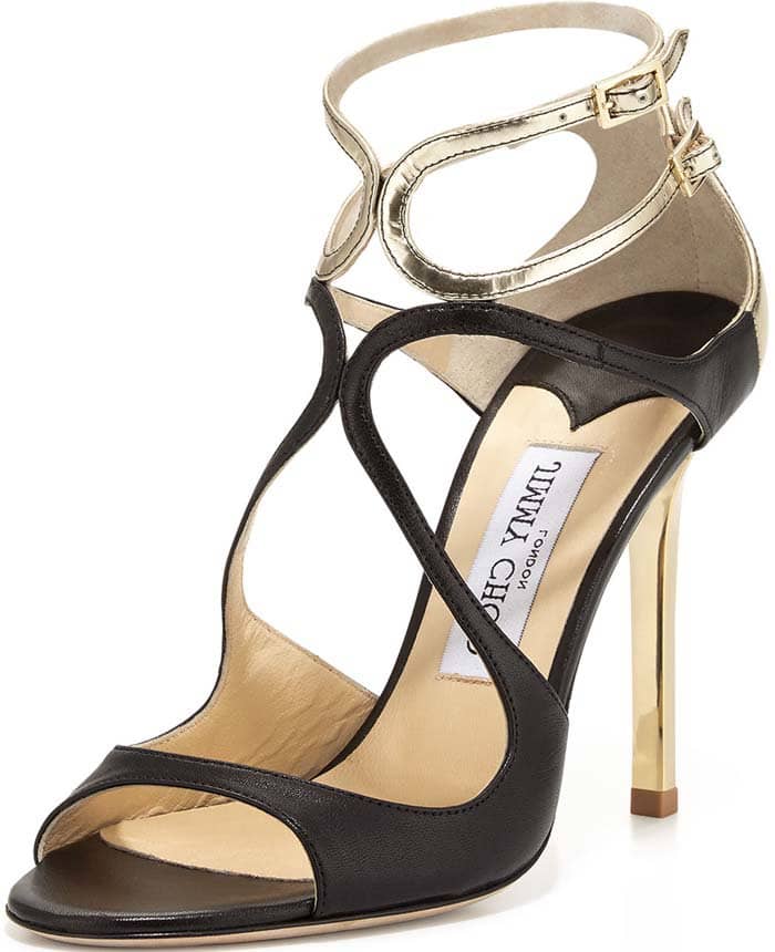 Jimmy Choo "Lang" Strappy Leather Sandals in Black/Gold