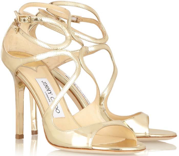 Jimmy Choo "Lang" Strappy Mirror Leather Sandals in Gold