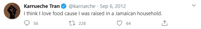 Karrueche Tran bestätigt auf Twitter, dass sie in einem jamaikanischen Haushalt aufgewachsen ist