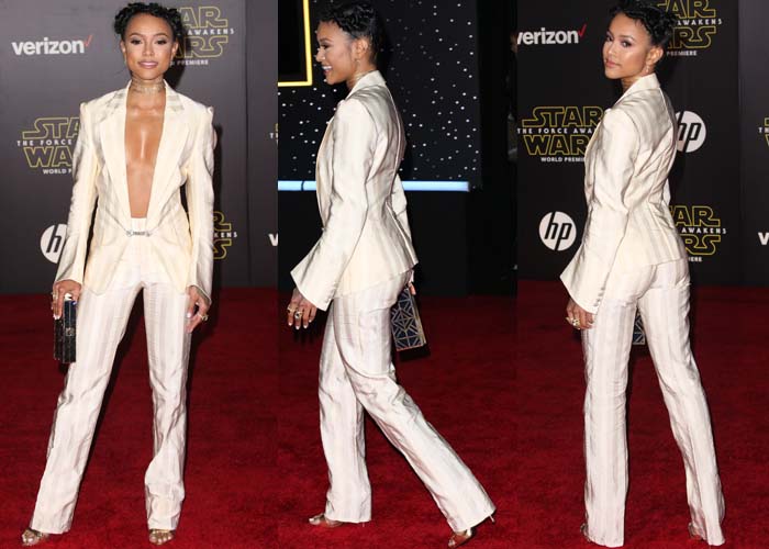 Karrueche Tran wears a cleavage-baring Balenciaga suit on the red carpet of the "Star Wars: The Force Awakens" premiere