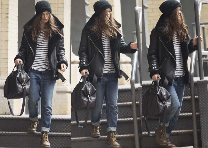 Kiera Knightley wears rolled jeans and an oversized leather jacket as she leaves her Broadway debut