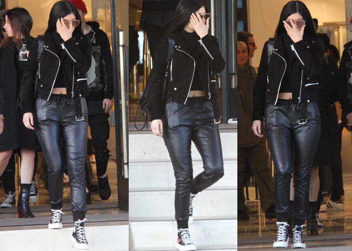 Kylie Jenner styled Maven faux leather black sweatpants with an Acne Studios mock suede biker jacket