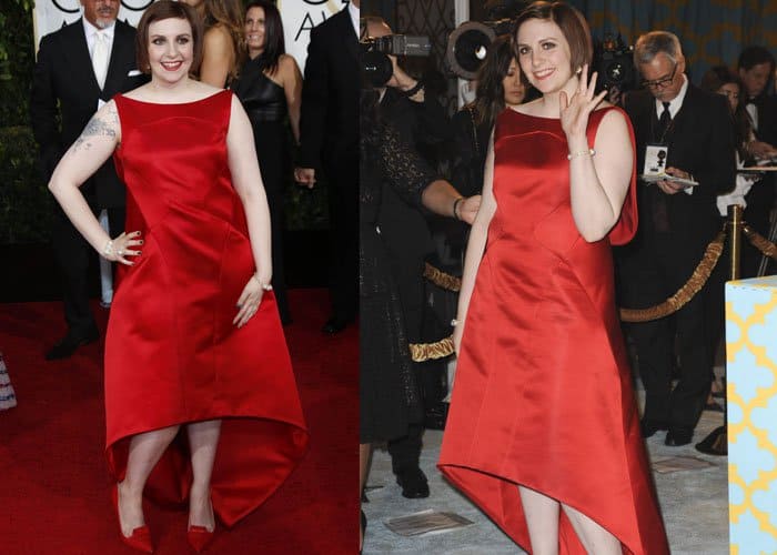 Lena Dunham in a tonal red Zac Posen Spring 2015 satin gown with a draped back and high-low hemline at the 72nd Annual Golden Globe Awards