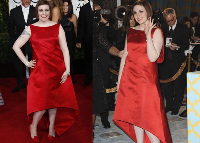 Lena Dunham in a tonal red Zac Posen Spring 2015 satin gown with a draped back and high-low hemline at the 72nd Annual Golden Globe Awards