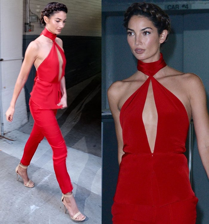 Lily Aldridge wears a red Juan Carlos Obando ensemble outside of Huffington Post