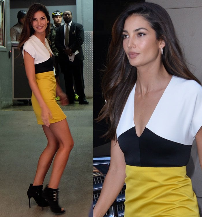 Lily Aldridge changes into a Longchamp dress and wears her hair down