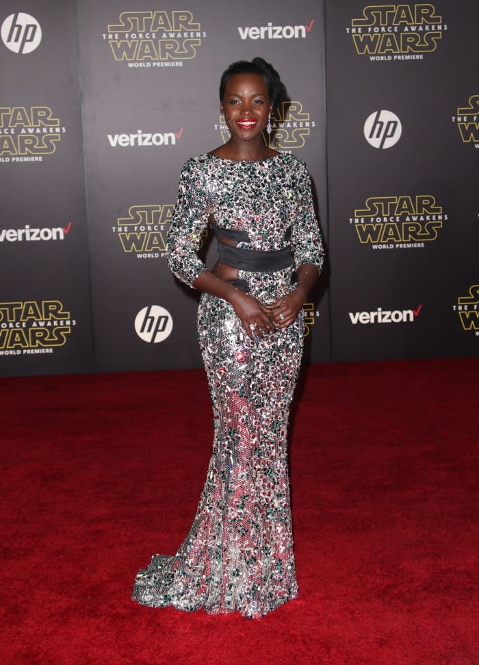 Lupita Nyong'o graced the Hollywood premiere of 'Star Wars: The Force Awakens' in a silver and green crystal-encrusted gown from Alexandre Vauthier's Spring 2015 Couture collection