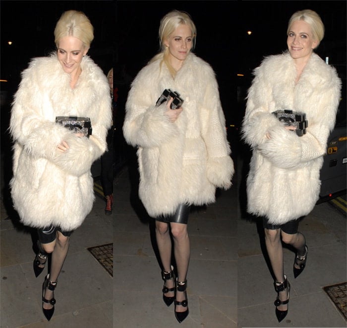 Poppy Delevingne flaunts her long legs in a sexy black dress paired with a white fur coat