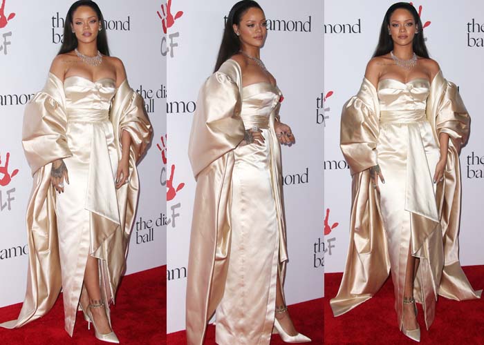 Rihanna wears a satin Christian Dior gown on the red carpet of her annual Diamond Ball