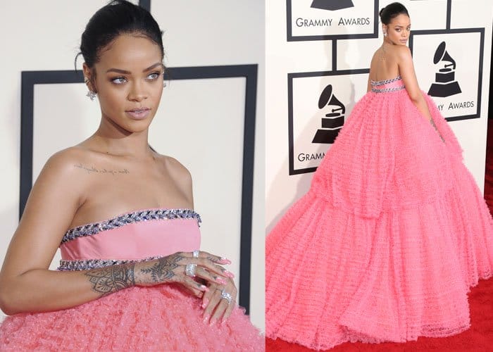 Rihanna kept her makeup look simple and natural, opting for a nude lip and a sleek ballet bun